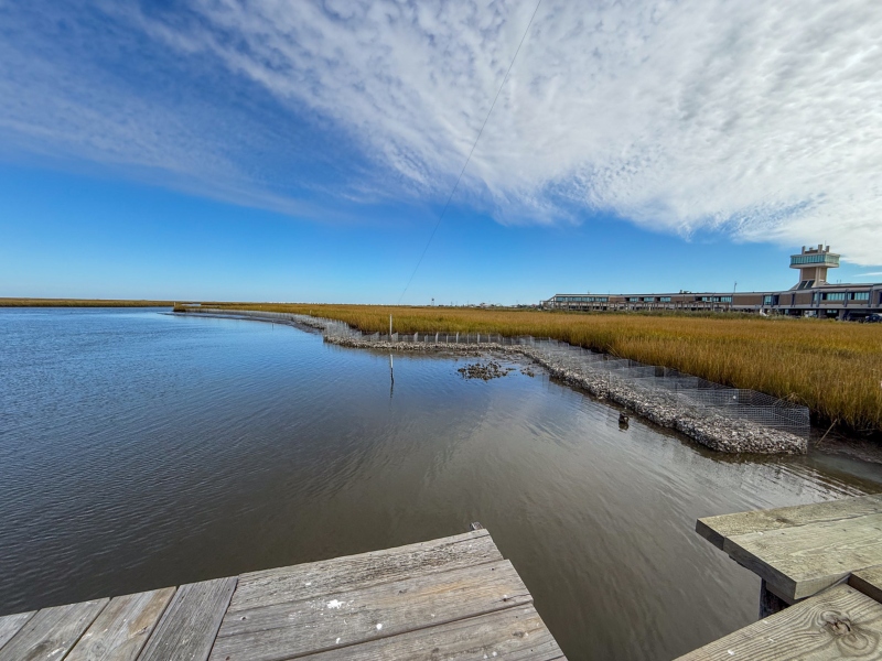 Photo shows a bayou and part of a dock. Along the edge of the bayou are cages containing oyster shells. In the background is a building with a tower overlooking the marsh.