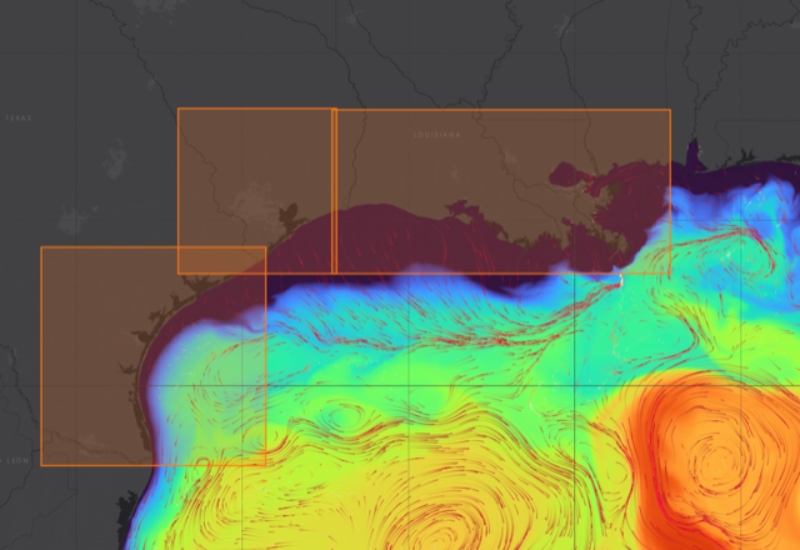 Show a map of the northern Gulf. There are three boxes highlighting three different regions of the Gulf Coast.