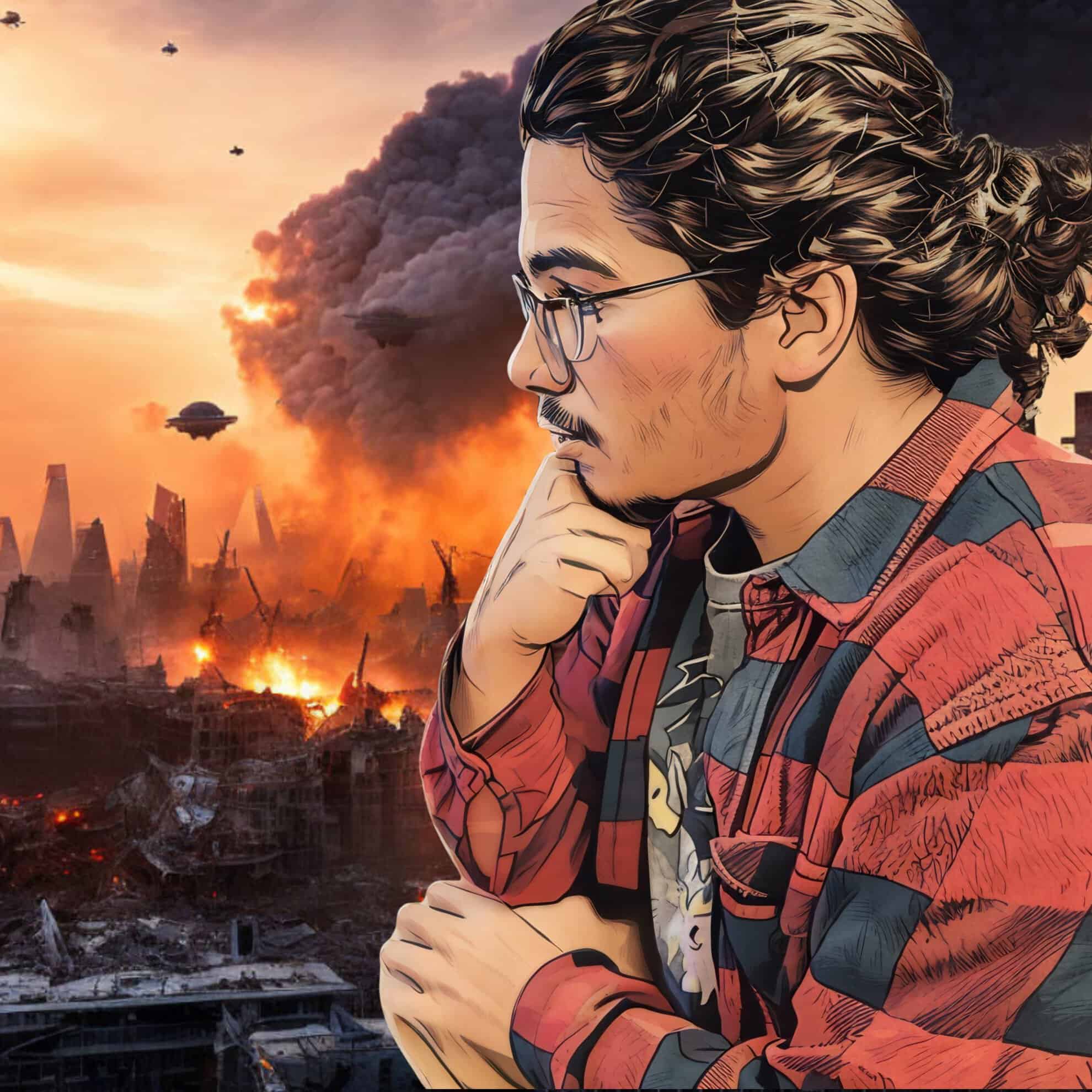 Young man in plaid shirt contemplating disaster scene with smoke and fire.